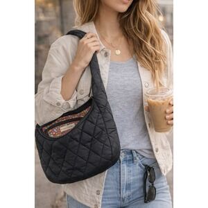 Black Quilted Puffer Shoulder Bag Nylon Crescent Soft Hobo Trendy Minimalist